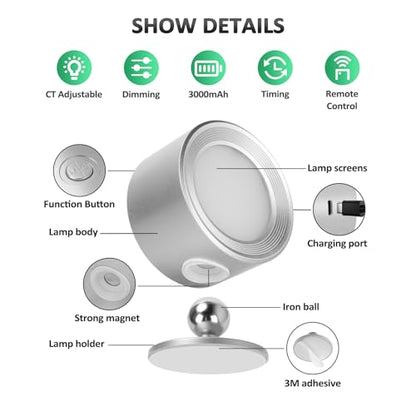 Racokky LED Wall Sconces 2 Pcs with Remote, Wall Lights 3000mAh Rechargeable Battery Operated, 3 Color Temperatures & Dimmable Wall Lamp Magnetic 360° Rotation Light for Bedroom Living Room(Silver) - color: Silver