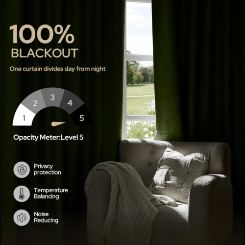 HOMEIDEAS 100% Blackout Olive Green Faux Linen Curtains 63''L 2 Panels - color: Olive Green, size: 52"W x 63"L (Pack of 2)