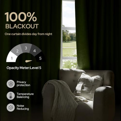 HOMEIDEAS 100% Blackout Olive Green Faux Linen Curtains 63''L 2 Panels - color: Olive Green, size: 52"W x 63"L (Pack of 2)