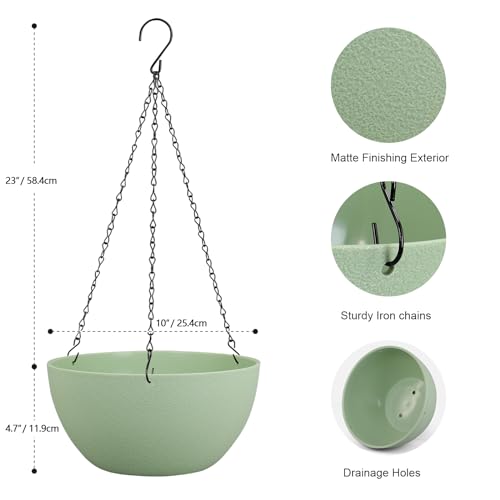 Meowell 10 inch Hanging Planters Plant Pots for Indoor Outdoor Plants, 2 Pack Hanging Flower Pots with Drainage Holes and Chain for Garden Porch, Plastic Hanging Baskets for House Plants, Green - color: Green, size: 10inch 2pcs