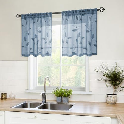 HOMEIDEAS Stone Blue Kitchen Tier Curtains Leaf Embroidered, 30x24 - color: Stone Blue, size: 30"W x 24"L (Pack of 2)