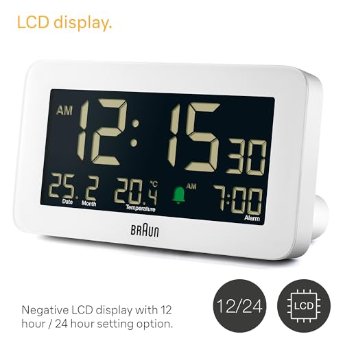 Braun Digital Alarm Clock with Date, Month and Temperature Displayed, Negative LCD Display, Quick Set, Crescendo Beep Alarm in White, Model BC10W. - color: White