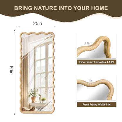 Full Length Mirror, 60”x25” Wavy Wood Floor Mirror for Wall - size: 60"L x 25"W
