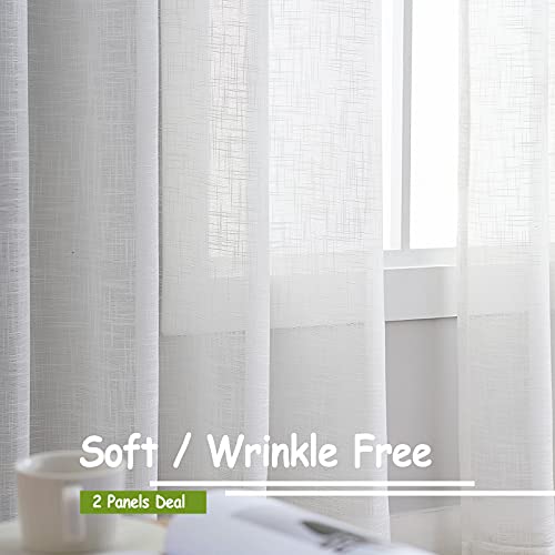 Linen Textured White Sheer Curtains for Living Room Bedroom 52x84" Privacy - color: White - Rod Pocket, size: 52"W x 84"L (Pack of 2)