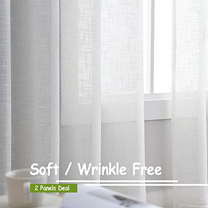 Linen Textured White Sheer Curtains for Living Room Bedroom 52x84" Privacy - color: White - Rod Pocket, size: 52"W x 84"L (Pack of 2)