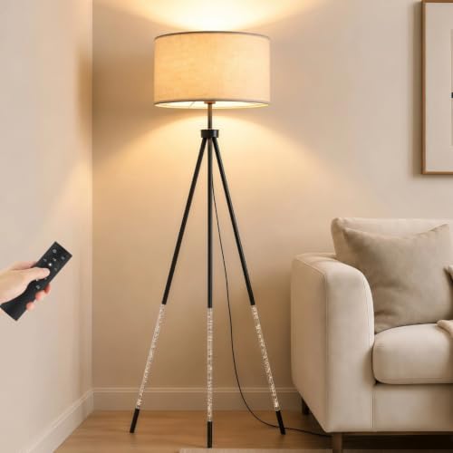 JOOFO Modern Metal Tripod Floor Lamp with Remote, 16.5" Linen Shade - color: Brushed Black