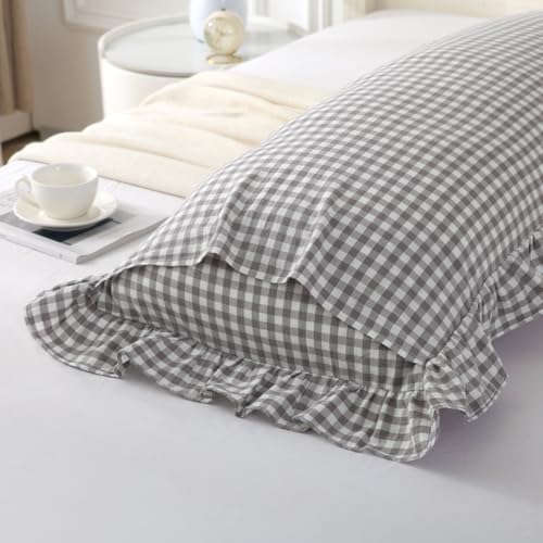 Silnuo Grey/White Plaid Ruffled Body Pillow Sham 1 Piece Washed Cotton Shabby Checkered Gingham Pillow Cover 20"x54" - color: Grey/White Plaid, size: Body Pillow (20" x 54") - 1 Piece