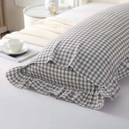 Silnuo Grey/White Plaid Ruffled Body Pillow Sham 1 Piece Washed Cotton Shabby Checkered Gingham Pillow Cover 20"x54" - color: Grey/White Plaid, size: Body Pillow (20" x 54") - 1 Piece