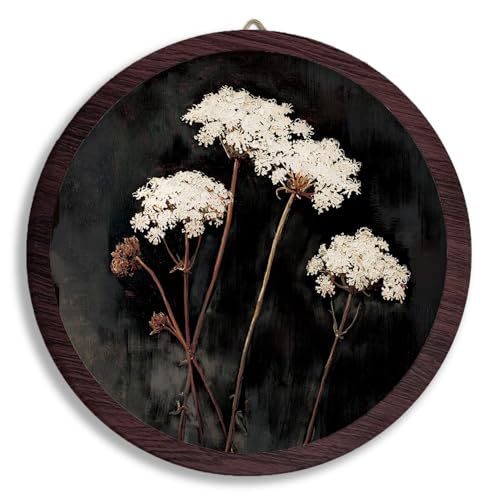 XDFVL Vintage White Flowers Wall Hanging Prints Frame, Dark Farmhouse Rustic Round Wooden Prints, Cottagecore Botanical Flower Wooden Walls for Home Bedroom Living Room Decor, 10x10 Inch - color: white botanical