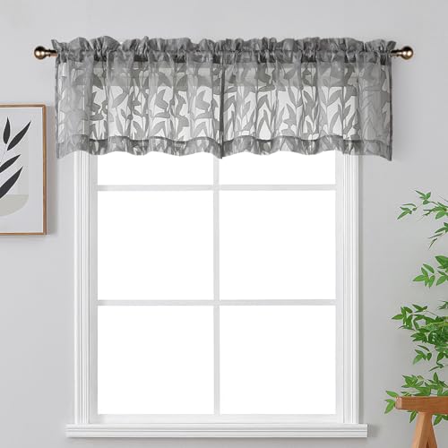 OWENIE Leyna 14 Inch Charcoal Gray Valance for Windows 2 PCS Sheer Curtains, Jacquard Leaves Textured Small Kitchen Valances Curtain for Living Room Bedroom, Modern Rod Pocket Drapes, 40Wx14L Inch - color: Charcoal Gray, size: 40"W x 14"L (Pack of 2)