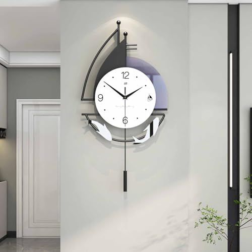 Decorative Wall Clock for Living Room, Creative Silent Non Ticking Modern Wall Clocks with Pendulum, Battery Operated, Large Wall Clock for Living Room, Kitchen, Bedroom (Black White, 36.2x18.1inch)