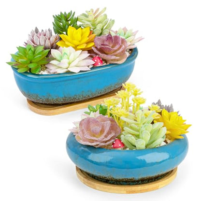 Succulent Pots, 1 Rectangle Planter + 1 Ceramic Bonsai Pots with Drain Tray - color: Blue