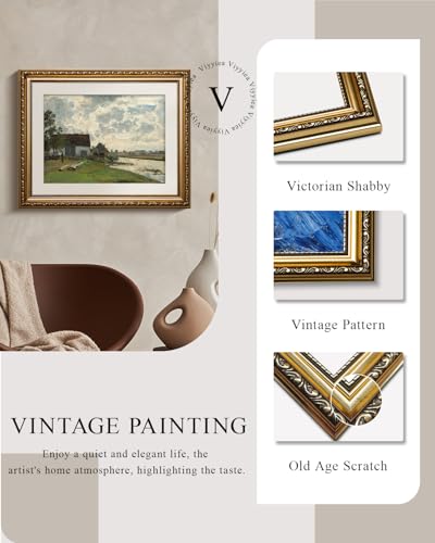 VIYYIEA Gold Framed Countryside Wall Art River Canvas Painting, 13×16 Inch - color: Riverside farmhouses, size: 16"L x 13"W