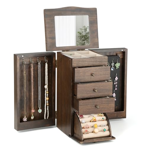Meangood Jewelry Box Jewelry Organizer, 5-Layer Wooden Jewelry Organizers and Storage Boxes for Women Girls, Ring Earring Bracelet Necklace Holder Organizer with Mirror & Drawers (Walnut) - color: Walnut, size: 3-Drawer