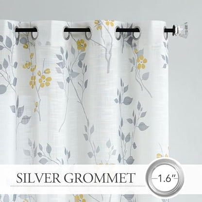 Beauoop Floral Linen Semi Sheer Curtains Living Room Yellow Grey 50x63x2 - color: Grommet | Yellow and Grey, size: 50"W x 63"L (Pack of 2)