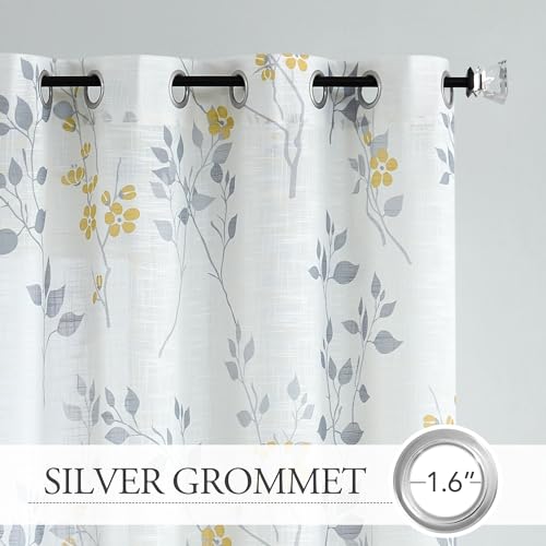 Beauoop Floral Linen Semi Sheer Curtains Living Room Yellow Grey 50x96x2 - color: Grommet | Yellow and Grey, size: 50"W x 96"L (Pack of 2)