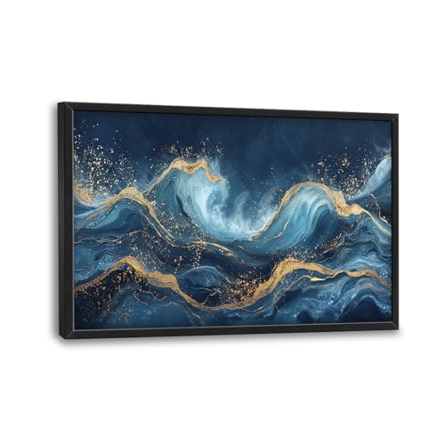 Lovira Abstract Blue Gold Wave Large Wall Art Aesthetic Canvas Wall Decor Pictures Prints Painting Framed Modern Artwork Home Decorations for Living Room Bedroom Bathroom Office 24"x36" - color: Abstract Blue Wave, size: 36"L x 24"W