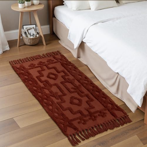 Uphome Boho Bathroom Runner Rug 2' x 4.3', Washable Woven Cotton Bedroom Runners, Terracotta Aesthetic Tufted Entryway Runner Rugs, Bohemian Tribal Throw Rug for Bedside Living Room Laundry Kitchen - color: Terracotta, size: 2' x 4.3' (Runner)