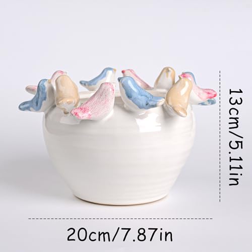 Stoneware Planter with Colorful Birds on Rim, Reactive Glaze Decorative