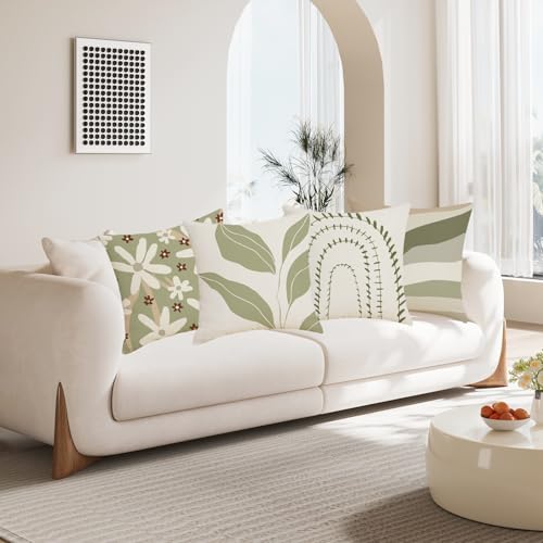 IcosaMro Boho Throw Pillow Covers 18x18 Set of 4 Sage Green Floral Leaves Cotton Linen Throw Pillow Case Fresh Decorative Cushion Cover for Couch Beadroom Sofa - color: Sage Green Floral