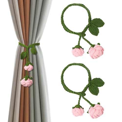 2 Pack Boho Handmade Flower Curtain Tiebacks & Holdbacks - No Drill Cotton Rope Curtain Ties, Drapery Holdback Decorative Pull Backs for Nursery & Bedroom Decor (2, Pink Roses Flowers) - color: Pink Roses Flowers