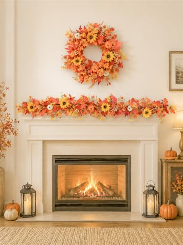 6 FT Lighted Fall Garland for Mantel, Fall Leaves Garland for Halloween