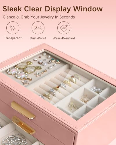 Homeanda Jewelry Boxes Organizer with Glass Lid, 3-Layer PU Leather, Pink - color: Mauve Pink, size: 3 Layer