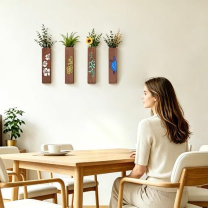 4 Sets Wood Wall Vase Planter for Home Decor Living Room Bedroom Bathroom Wooden Hanging Planters Vases Wall-Mounted Rustic Farmhouse Decorative Holders Mount - Brown - 11.81in