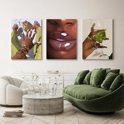 Hianan Wrapped Canvas Fashion Black Woman Wall Art Set of 3, 12x16 in - color: Yellow-Green, size: 16"L x 12"W