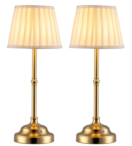 KDG Gold Cordless LED Table Lamps Set of 2, Beige Fabric Shade Desk Lamps - color: Gold + Beige Lampshade (2 Pack)