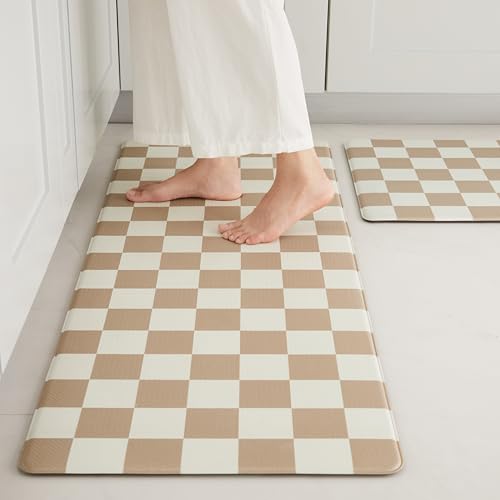 Ohocut Checkered Kitchen Mats for Floor Set of 2, 2 Pcs Beige Khaki Cushioned Non Slip Runner Rugs for Kitchen/Sink/Laundry, Comfort Aesthetic Cute Anti-Fatigue Foam Floor Mat 17.3"x29.5"+17.3"x47.2" - color: Beige