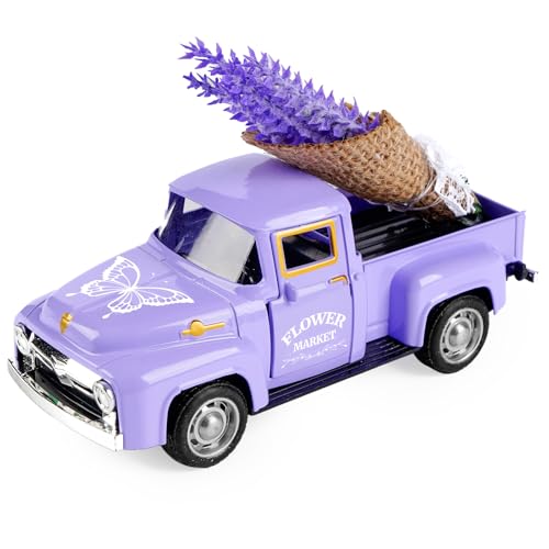 Lavender Truck Decor with Flowers, Purple Floral Pickup Truck with Butterfly, Rustic Farmhouse Tabletop Centerpiece, Spring Country Home Office Kitchen Tiered Tray Decor - color: Purple