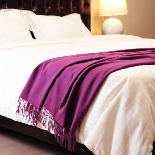 CUDDLE DREAMS Premium Cashmere Throw Blanket with Fringe (Plum) - color: Plum