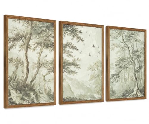 Botanical Forest Wall Art Set of 3 Framed, Vintage Neutral Canvas Prints - color: RetroForest, size: 12x16 Inch