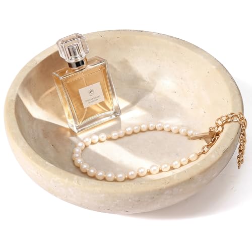 Travertine Marble Bowl & Decorative Bowl, 7.8" Modern Home Decor Key Bowl for Entryway, Natural Stone Centerpiece for Coffee Table, Ring Tray, Housewarming Gifts (Natural Color)