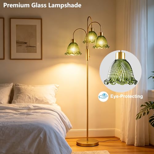 Glass Floor Lamp 3-Light 70" Green Flower Gold Dimmable Tall Standing Lamps - color: Green Flower-Gold