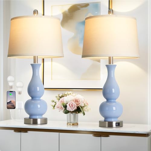 CINSARY 27" Blue Gourd Ceramic Lamps Set of 2, Coastal Ceramic Table Lamps for Living Room with USB A+C Ports, Classic Bedside Lamp for Nightstand, Tall Lamps for Bedroom Side End Table Home Decor - color: Blue