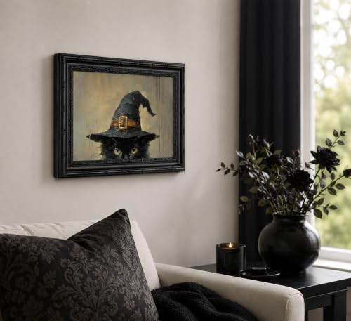 Framed Vintage Black Cat Wall Art,Black Cat in Witch Hat Canvas Painting,Gothic Halloween Poster Prints,Dark Academia Picture Wall Decor for Living Room Bedroom 11x9in - color: Wizard cat, size: 11"L x 9"W