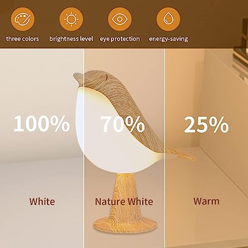 Bird Table Lamp with Remote & Touch Control | 3 Color Temperature & 3-Level Brightness Adjustable Night Light | Rechargeable Cordless Bedside Lamp for Bedroom Office Dorm | Timer & Bird Lover Gifts - color: Wood Color& Remote Control-8.46"