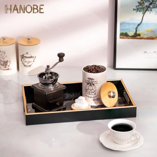 Hanobe Black Ottoman Serving Tray with Handles for Coffee Table Home Decor