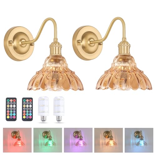 Shenmoyl Battery Operated Wall Sconce Set of 2, Vintage Rechargeable Wall Lights with Amber Lily Glass Shade, Wireless Indoor Wall Lamp with Remote for Bedroom Living Room Bathroom - color: Short Lily-Amber, size: 2Pack-Battery Operated