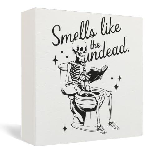 Funny Spooky Skeleton Wooden Box Sign Decor,Halloween Bathroom Decor - color: Funny Spooky