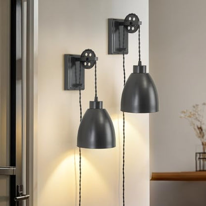 8FT Plug in Wall Sconces Pulley Wall Lamps, Black - color: Black