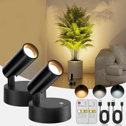 Spotlights Indoor with Remote & Touch Dimmable 3CCT, 5500mAh Battery Picture Lights Uplights Indoor with Timer, Mini Uplighting for Painting Tree Wall Gallery Hallway Lights(2 Pack) - color: 2 x Black