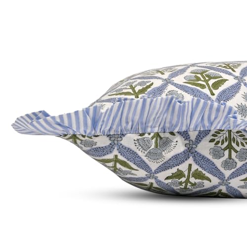 Ridhi Light Steel Blue Block Print Ruffle Pillow Covers 18x18 Inch Set of 2 - color: Light Steel Blue, size: 18" x 18" (Pack of 2)