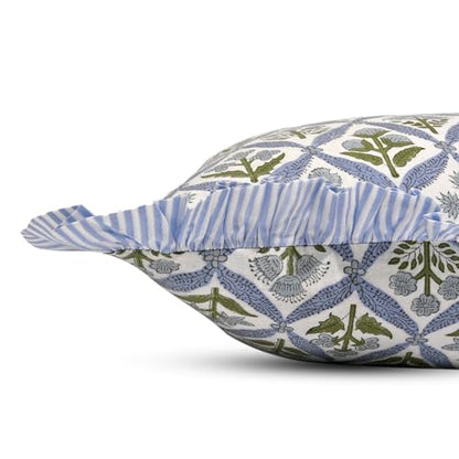 Ridhi Light Steel Blue Block Print Ruffle Pillow Covers 20x20 Inch Set of 2 - color: Light Steel Blue, size: 20" x 20" (Pack of 2)