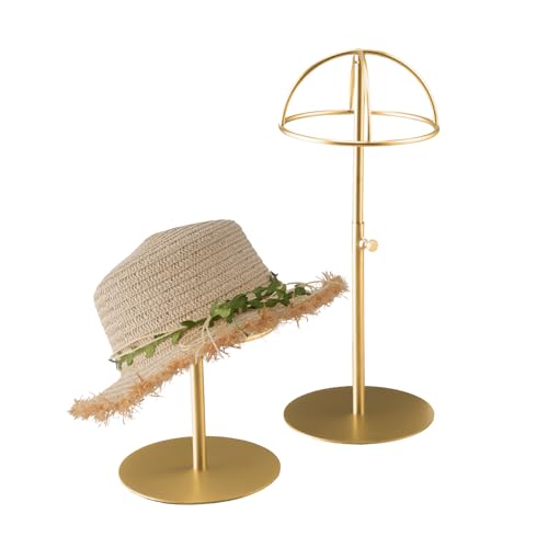 Hat Display Stand 2PCS Stainless Steel Brushed Nickel Titanium Hat Stand Metal Golden Adjustable Height Cap Rack Showcase Fingerprint Resistant for Home Boutique Retail Store - color: Gold