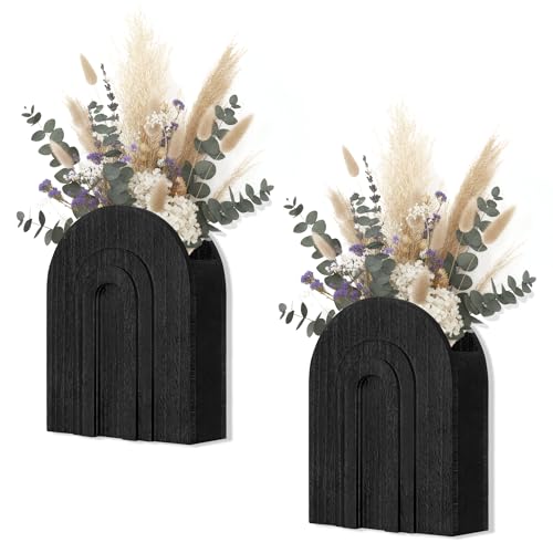 2 Pack Black Wooden Wall Vase for Pampas Grass and Dried Flowers - color: Black-black