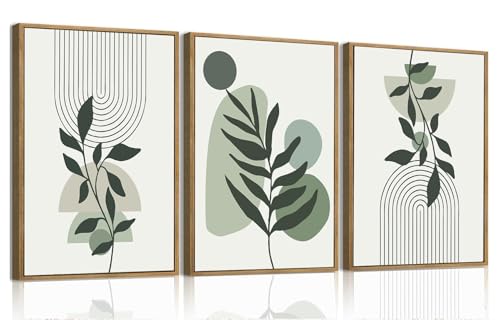 Boho Line Leaf Abstract Framed Canvas Wall Art Set of 3, 12x16 inch - color: Line Leaf, size: 12"x16"Natural