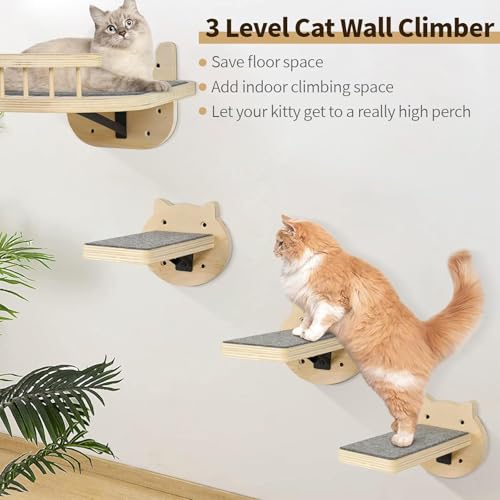 Cat Wall Shelves Furniture Set with Scratching Pad，Wooden Cat Climbing Wall Systems with 2 Perches and 3 Steps, Floating Shelves Bed Wall Mounted for Indoor Fit Up to 15Lbs (Burlywood) - color: Burlywood